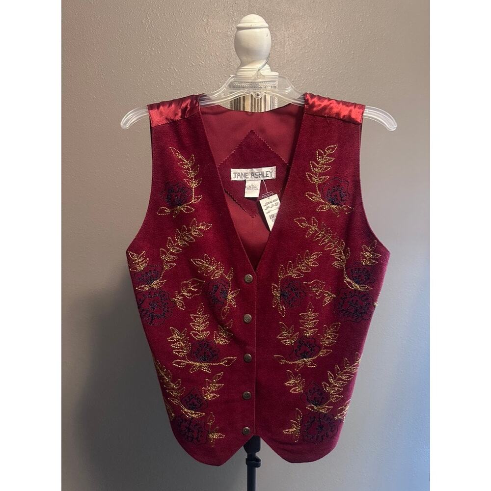Jane Ashley Vintage Red Leather Vest Floral Embroidered Western Womens M